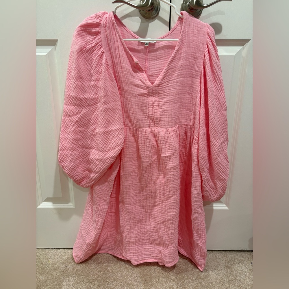 Pink Oversized Gauze Mini Dress with Long Sleeves Size M - Picture 3 of 5